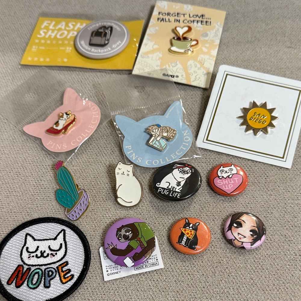 Kids Pin and Patch lot - Pink, Blue, Orange, Black